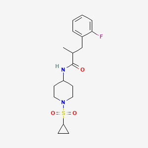 molecular formula C18H25FN2O3S B6934046 N-(1-cyclopropylsulfonylpiperidin-4-yl)-3-(2-fluorophenyl)-2-methylpropanamide 