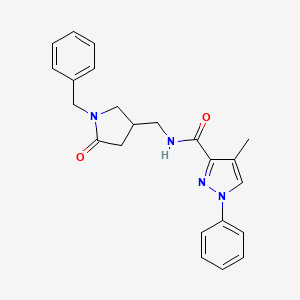 molecular formula C23H24N4O2 B6937471 N-[(1-benzyl-5-oxopyrrolidin-3-yl)methyl]-4-methyl-1-phenylpyrazole-3-carboxamide 