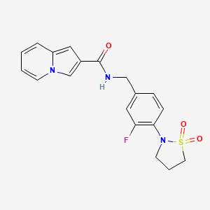 molecular formula C19H18FN3O3S B6940029 N-[[4-(1,1-dioxo-1,2-thiazolidin-2-yl)-3-fluorophenyl]methyl]indolizine-2-carboxamide 