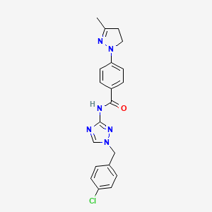 molecular formula C20H19ClN6O B6940131 N-[1-[(4-chlorophenyl)methyl]-1,2,4-triazol-3-yl]-4-(5-methyl-3,4-dihydropyrazol-2-yl)benzamide 