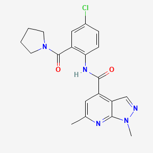 molecular formula C20H20ClN5O2 B6940378 N-[4-chloro-2-(pyrrolidine-1-carbonyl)phenyl]-1,6-dimethylpyrazolo[3,4-b]pyridine-4-carboxamide 
