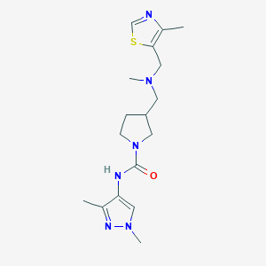molecular formula C17H26N6OS B6942299 N-(1,3-dimethylpyrazol-4-yl)-3-[[methyl-[(4-methyl-1,3-thiazol-5-yl)methyl]amino]methyl]pyrrolidine-1-carboxamide 