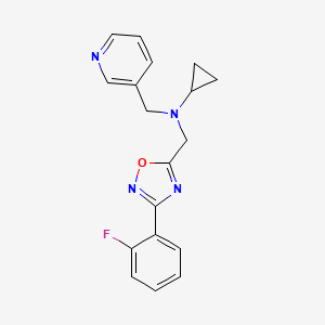 molecular formula C18H17FN4O B6943113 N-[[3-(2-fluorophenyl)-1,2,4-oxadiazol-5-yl]methyl]-N-(pyridin-3-ylmethyl)cyclopropanamine 