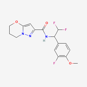 molecular formula C16H16F3N3O3 B6945307 N-[2,2-difluoro-1-(3-fluoro-4-methoxyphenyl)ethyl]-6,7-dihydro-5H-pyrazolo[5,1-b][1,3]oxazine-2-carboxamide 