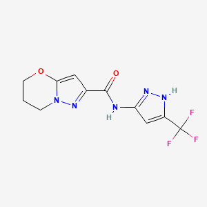 molecular formula C11H10F3N5O2 B6945662 N-[5-(trifluoromethyl)-1H-pyrazol-3-yl]-6,7-dihydro-5H-pyrazolo[5,1-b][1,3]oxazine-2-carboxamide 