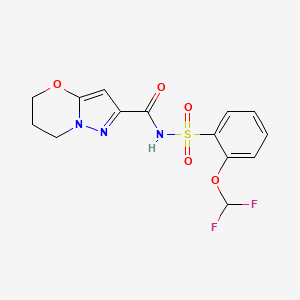 molecular formula C14H13F2N3O5S B6945773 N-[2-(difluoromethoxy)phenyl]sulfonyl-6,7-dihydro-5H-pyrazolo[5,1-b][1,3]oxazine-2-carboxamide 