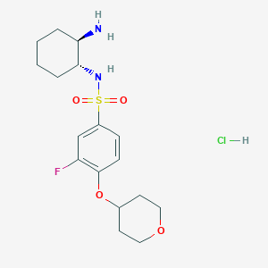 molecular formula C17H26ClFN2O4S B6946043 N-[(1R,2R)-2-aminocyclohexyl]-3-fluoro-4-(oxan-4-yloxy)benzenesulfonamide;hydrochloride 