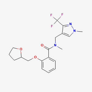 molecular formula C19H22F3N3O3 B6946504 N-methyl-N-[[1-methyl-3-(trifluoromethyl)pyrazol-4-yl]methyl]-2-(oxolan-2-ylmethoxy)benzamide 