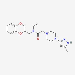 molecular formula C21H29N5O3 B6946763 N-(2,3-dihydro-1,4-benzodioxin-3-ylmethyl)-N-ethyl-2-[4-(5-methyl-1H-pyrazol-3-yl)piperazin-1-yl]acetamide 