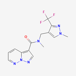molecular formula C14H13F3N6O B6947112 N-methyl-N-[[1-methyl-3-(trifluoromethyl)pyrazol-4-yl]methyl]pyrazolo[1,5-b]pyridazine-3-carboxamide 