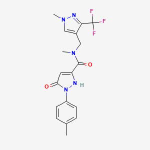 molecular formula C18H18F3N5O2 B6948008 N-methyl-2-(4-methylphenyl)-N-[[1-methyl-3-(trifluoromethyl)pyrazol-4-yl]methyl]-3-oxo-1H-pyrazole-5-carboxamide 