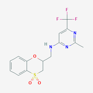 molecular formula C15H14F3N3O3S B6949494 N-[(4,4-dioxo-2,3-dihydro-1,4lambda6-benzoxathiin-2-yl)methyl]-2-methyl-6-(trifluoromethyl)pyrimidin-4-amine 
