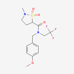 molecular formula C15H19F3N2O4S B6949760 N-[(4-methoxyphenyl)methyl]-2-methyl-1,1-dioxo-N-(2,2,2-trifluoroethyl)-1,2-thiazolidine-5-carboxamide 