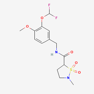 molecular formula C14H18F2N2O5S B6949764 N-[[3-(difluoromethoxy)-4-methoxyphenyl]methyl]-2-methyl-1,1-dioxo-1,2-thiazolidine-5-carboxamide 