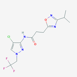 molecular formula C13H15ClF3N5O2 B6949851 N-[4-chloro-1-(2,2,2-trifluoroethyl)pyrazol-3-yl]-3-(3-propan-2-yl-1,2,4-oxadiazol-5-yl)propanamide 