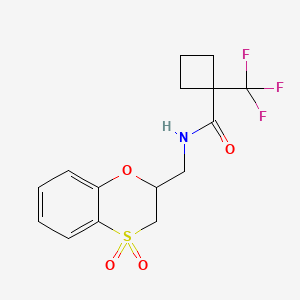 molecular formula C15H16F3NO4S B6949864 N-[(4,4-dioxo-2,3-dihydro-1,4lambda6-benzoxathiin-2-yl)methyl]-1-(trifluoromethyl)cyclobutane-1-carboxamide 