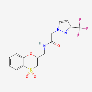 molecular formula C15H14F3N3O4S B6949942 N-[(4,4-dioxo-2,3-dihydro-1,4lambda6-benzoxathiin-2-yl)methyl]-2-[3-(trifluoromethyl)pyrazol-1-yl]acetamide 