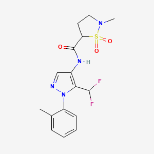molecular formula C16H18F2N4O3S B6950057 N-[5-(difluoromethyl)-1-(2-methylphenyl)pyrazol-4-yl]-2-methyl-1,1-dioxo-1,2-thiazolidine-5-carboxamide 
