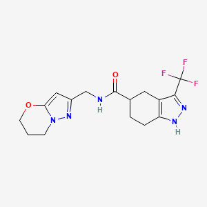 molecular formula C16H18F3N5O2 B6950169 N-(6,7-dihydro-5H-pyrazolo[5,1-b][1,3]oxazin-2-ylmethyl)-3-(trifluoromethyl)-4,5,6,7-tetrahydro-1H-indazole-5-carboxamide 