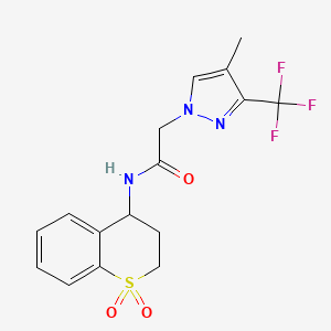 molecular formula C16H16F3N3O3S B6950322 N-(1,1-dioxo-3,4-dihydro-2H-thiochromen-4-yl)-2-[4-methyl-3-(trifluoromethyl)pyrazol-1-yl]acetamide 