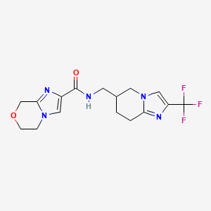 molecular formula C16H18F3N5O2 B6950628 N-[[2-(trifluoromethyl)-5,6,7,8-tetrahydroimidazo[1,2-a]pyridin-6-yl]methyl]-6,8-dihydro-5H-imidazo[2,1-c][1,4]oxazine-2-carboxamide 