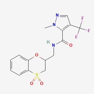 molecular formula C15H14F3N3O4S B6951300 N-[(4,4-dioxo-2,3-dihydro-1,4lambda6-benzoxathiin-2-yl)methyl]-2-methyl-4-(trifluoromethyl)pyrazole-3-carboxamide 