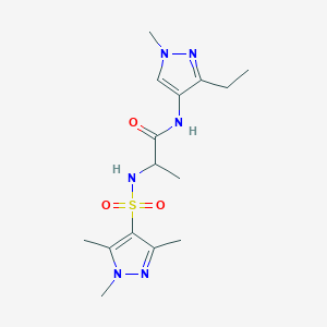 molecular formula C15H24N6O3S B6952907 N-(3-ethyl-1-methylpyrazol-4-yl)-2-[(1,3,5-trimethylpyrazol-4-yl)sulfonylamino]propanamide 