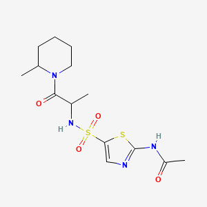 molecular formula C14H22N4O4S2 B6956388 N-[5-[[1-(2-methylpiperidin-1-yl)-1-oxopropan-2-yl]sulfamoyl]-1,3-thiazol-2-yl]acetamide 
