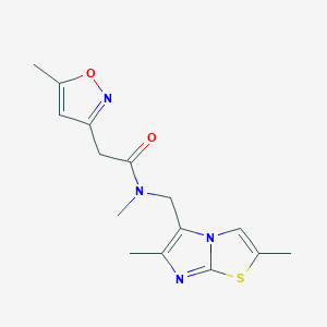 molecular formula C15H18N4O2S B6959146 N-[(2,6-dimethylimidazo[2,1-b][1,3]thiazol-5-yl)methyl]-N-methyl-2-(5-methyl-1,2-oxazol-3-yl)acetamide 