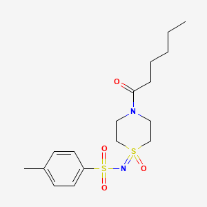 molecular formula C17H26N2O4S2 B6961846 N-(4-hexanoyl-1-oxo-1,4-thiazinan-1-ylidene)-4-methylbenzenesulfonamide 
