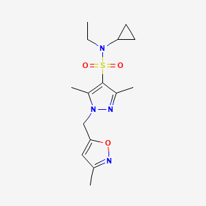molecular formula C15H22N4O3S B6962936 N-cyclopropyl-N-ethyl-3,5-dimethyl-1-[(3-methyl-1,2-oxazol-5-yl)methyl]pyrazole-4-sulfonamide 