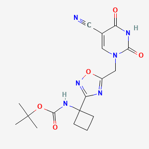 molecular formula C17H20N6O5 B6984035 tert-butyl N-[1-[5-[(5-cyano-2,4-dioxopyrimidin-1-yl)methyl]-1,2,4-oxadiazol-3-yl]cyclobutyl]carbamate 