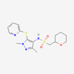 molecular formula C16H22N4O3S2 B6985240 N-(1,3-dimethyl-5-pyridin-2-ylsulfanylpyrazol-4-yl)-1-(oxan-2-yl)methanesulfonamide 