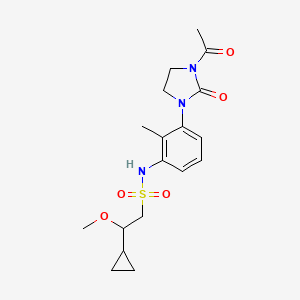 molecular formula C18H25N3O5S B6989191 N-[3-(3-acetyl-2-oxoimidazolidin-1-yl)-2-methylphenyl]-2-cyclopropyl-2-methoxyethanesulfonamide 