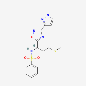 molecular formula C16H19N5O3S2 B6989457 N-[1-[3-(1-methylpyrazol-3-yl)-1,2,4-oxadiazol-5-yl]-3-methylsulfanylpropyl]benzenesulfonamide 