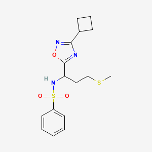 molecular formula C16H21N3O3S2 B6989468 N-[1-(3-cyclobutyl-1,2,4-oxadiazol-5-yl)-3-methylsulfanylpropyl]benzenesulfonamide 