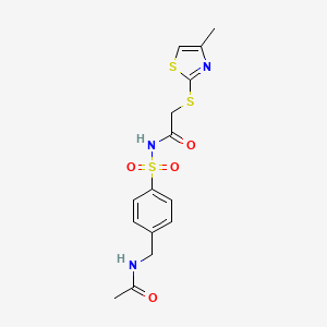 molecular formula C15H17N3O4S3 B6989963 N-[4-(acetamidomethyl)phenyl]sulfonyl-2-[(4-methyl-1,3-thiazol-2-yl)sulfanyl]acetamide 
