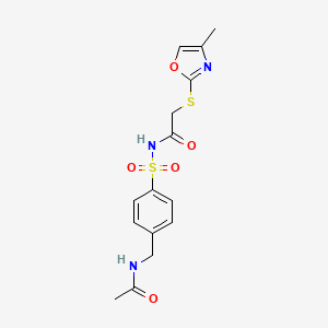 molecular formula C15H17N3O5S2 B6989981 N-[4-(acetamidomethyl)phenyl]sulfonyl-2-[(4-methyl-1,3-oxazol-2-yl)sulfanyl]acetamide 