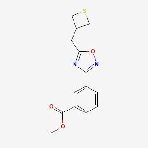 molecular formula C14H14N2O3S B6990196 Methyl 3-[5-(thietan-3-ylmethyl)-1,2,4-oxadiazol-3-yl]benzoate 