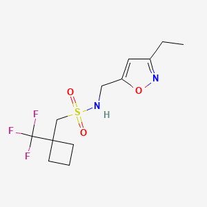 molecular formula C12H17F3N2O3S B6992849 N-[(3-ethyl-1,2-oxazol-5-yl)methyl]-1-[1-(trifluoromethyl)cyclobutyl]methanesulfonamide 