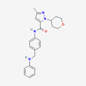 molecular formula C23H26N4O2 B6994197 N-[4-(anilinomethyl)phenyl]-5-methyl-2-(oxan-4-yl)pyrazole-3-carboxamide 