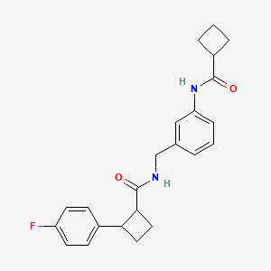 molecular formula C23H25FN2O2 B6996268 N-[[3-(cyclobutanecarbonylamino)phenyl]methyl]-2-(4-fluorophenyl)cyclobutane-1-carboxamide 