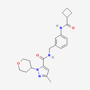 molecular formula C22H28N4O3 B6996273 N-[[3-(cyclobutanecarbonylamino)phenyl]methyl]-5-methyl-2-(oxan-4-yl)pyrazole-3-carboxamide 