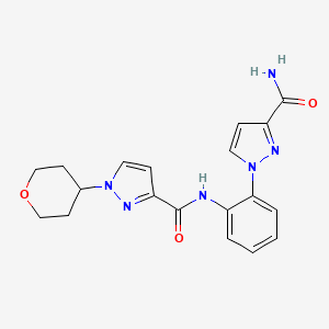 molecular formula C19H20N6O3 B6998497 N-[2-(3-carbamoylpyrazol-1-yl)phenyl]-1-(oxan-4-yl)pyrazole-3-carboxamide 