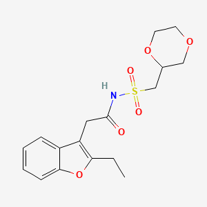 molecular formula C17H21NO6S B6999985 N-(1,4-dioxan-2-ylmethylsulfonyl)-2-(2-ethyl-1-benzofuran-3-yl)acetamide 