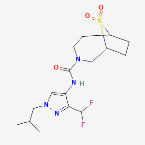 molecular formula C16H24F2N4O3S B7000149 N-[3-(difluoromethyl)-1-(2-methylpropyl)pyrazol-4-yl]-9,9-dioxo-9lambda6-thia-3-azabicyclo[4.2.1]nonane-3-carboxamide 