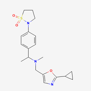 molecular formula C19H25N3O3S B7003213 N-[(2-cyclopropyl-1,3-oxazol-5-yl)methyl]-1-[4-(1,1-dioxo-1,2-thiazolidin-2-yl)phenyl]-N-methylethanamine 