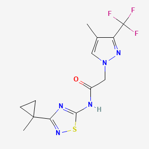 molecular formula C13H14F3N5OS B7003623 N-[3-(1-methylcyclopropyl)-1,2,4-thiadiazol-5-yl]-2-[4-methyl-3-(trifluoromethyl)pyrazol-1-yl]acetamide 