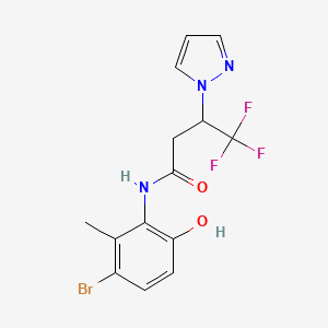 molecular formula C14H13BrF3N3O2 B7005572 N-(3-bromo-6-hydroxy-2-methylphenyl)-4,4,4-trifluoro-3-pyrazol-1-ylbutanamide 