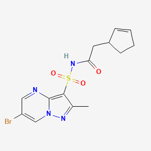 molecular formula C14H15BrN4O3S B7006565 N-(6-bromo-2-methylpyrazolo[1,5-a]pyrimidin-3-yl)sulfonyl-2-cyclopent-2-en-1-ylacetamide 
